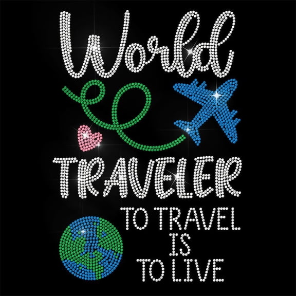 Rhinestone Iron on Transfer World Traveler to Travel Bling Diamond Hotfix Patches for Clothes 11.6"x8.2" Large Iron On Sequin Applique for Jeans Jacket Caps Bag T-Shirts Shoes DIY Decor Colorful DIY