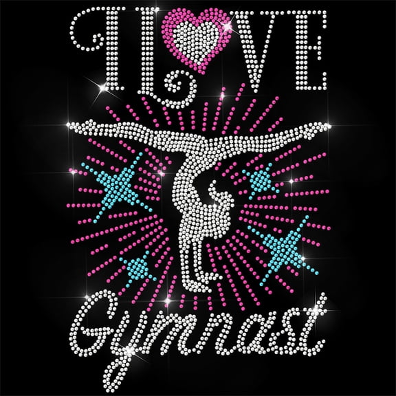 Rhinestone Iron on Transfer I Love Gymnast Bling Diamond Hotfix Patches