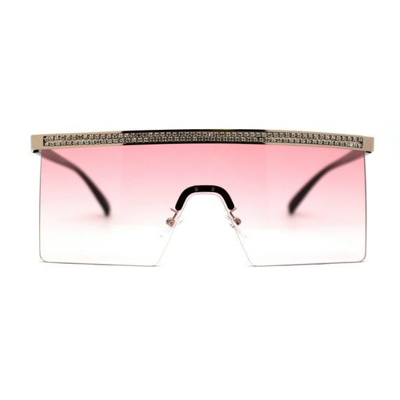 Rhinestone Jewel Brow Line High Temple Half Rim Flat Top Sunglasses Gold Pink