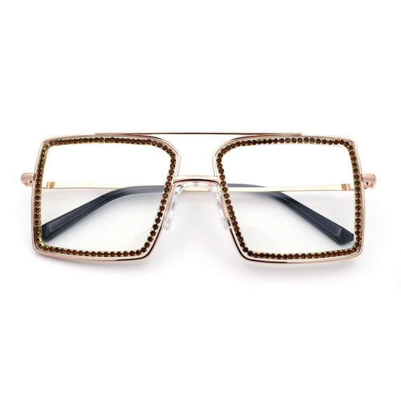 Rhinestone Jewel Rectangle Metal Rim Chic Blue Light Filtering Computer Eyeglasses Rose Gold Amber Stone