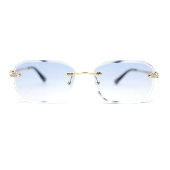 Rhinestone Jewel Stud Metal Rimless Bevel Lens Rectangle Sunglasses Gold - Blue