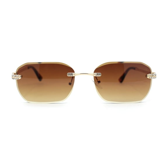Rhinestone Jewel Stud Metal Rimless Bevel Lens Rectangle Sunglasses Gold - Brown