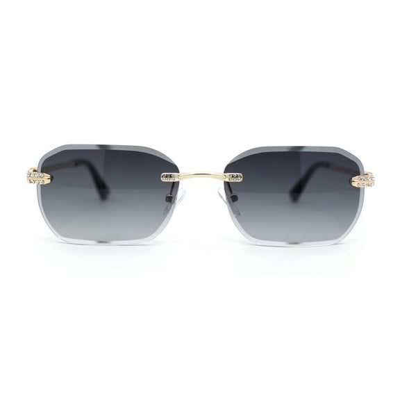 Rhinestone Jewel Stud Metal Rimless Bevel Lens Rectangle Sunglasses Gold - Smoke