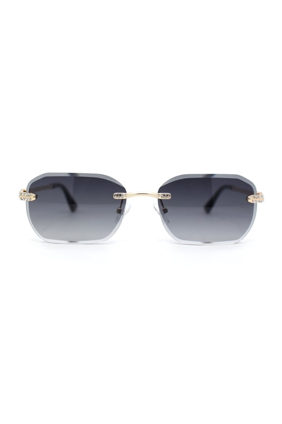 Rhinestone Jewel Stud Metal Rimless Bevel Lens Rectangle Sunglasses Gold - Smoke