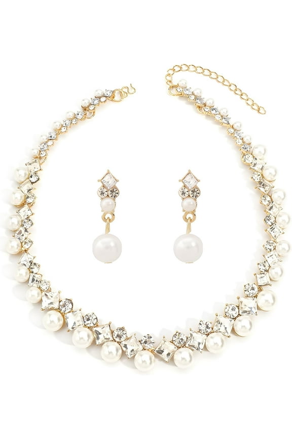 Rhinestone Jewelry Set Quality With Gold Necklace And Earrings, Adaptable Design, Elegant Pearls For Weddings And Custom Events[s847]