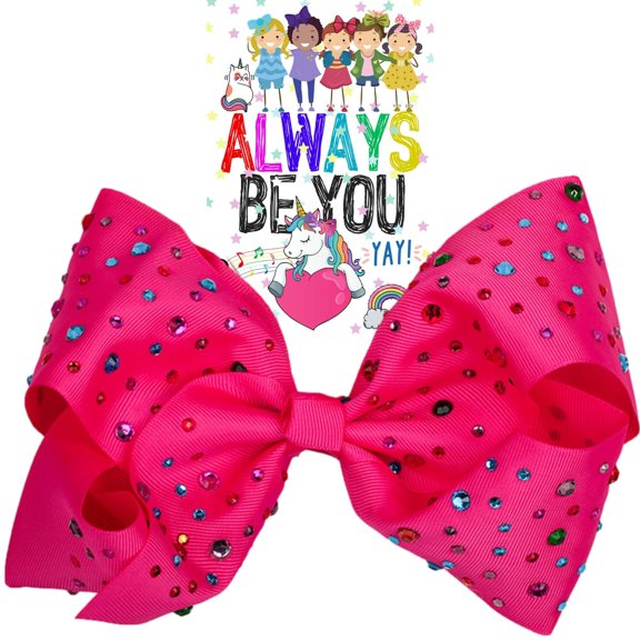 Rhinestone Large 8 Inch Bow, Big Bows For Girls, Jumbo Hair Bow Gift, Pink Hair Bow, Cheer Bows, Hair Bow Accessories (Deep Pink/Rhinestone)