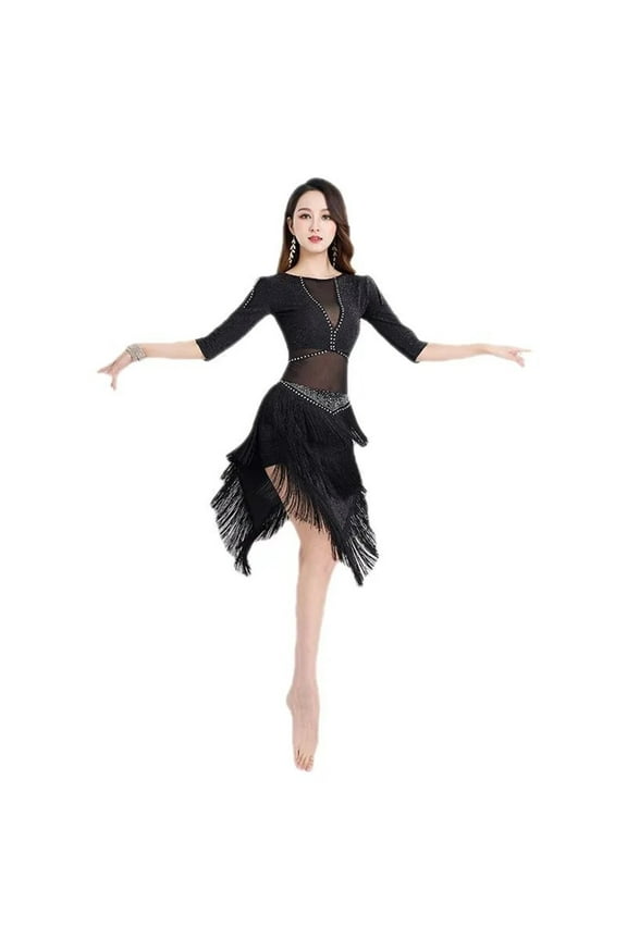 Rhinestone Latin Dance Dress Mesh Splicing Latin Outfit Women Sequin Tassel Ballroom Tango Salsa Competition Clothing