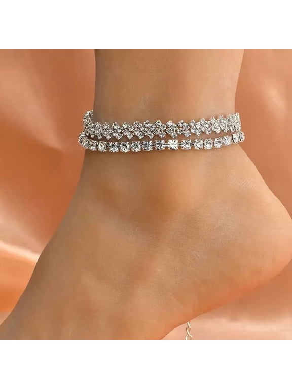 Rhinestone Layered Ankle Bracelets Jewelry Silver Sparkly Foot Chain Summer Beach Anklet for Women