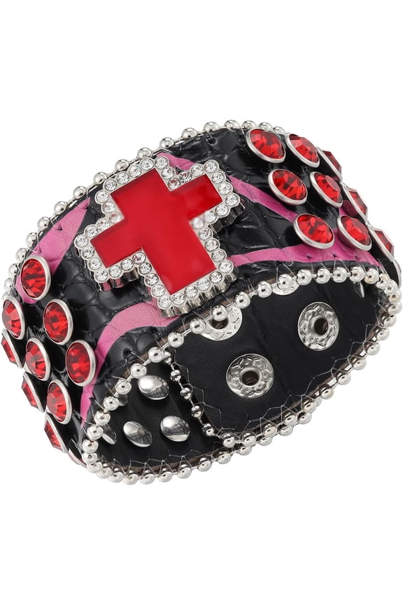 Rhinestone Leather Bracelets for Women Men Punk Bling Bling Studded Bracelet for 70s Party 80s Theme Party[s44048]