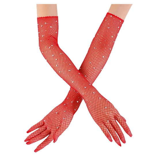 Rhinestone Long Fishnet Gloves Mesh Rave Gloves Bling Elbow Length Evening Party Glove for Women and Girls