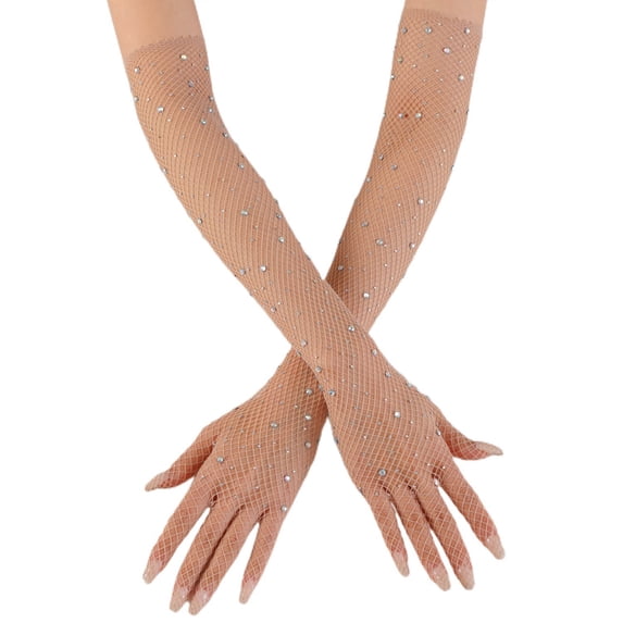 Rhinestone Long Fishnet Gloves Mesh Rave Gloves Bling Elbow Length Evening Party Glove for Women and Girls