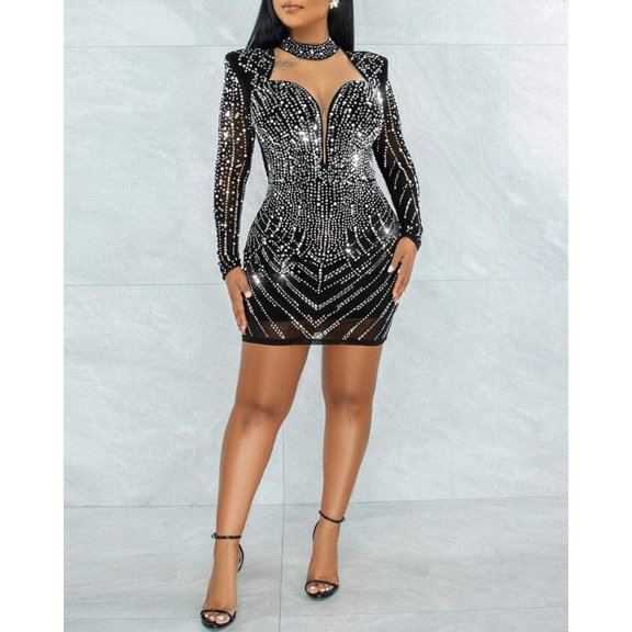 Rhinestone Long Sleeve Party Dress