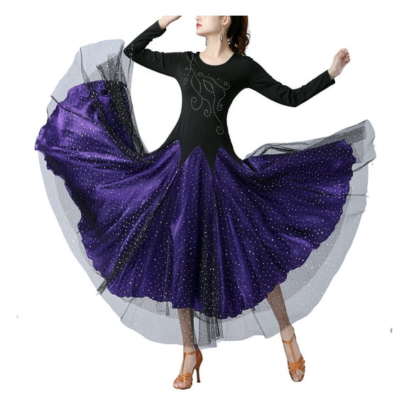 Rhinestone Long Sleeve Standard Smooth Tango Waltz Salsa Ballroom Dance Dresses