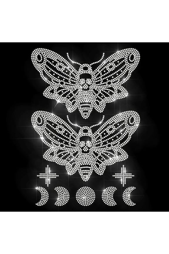 Rhinestone Magic Moth Iron on Sticker Moon Phase Hotfix Transfer Decal Insects Heat Transfer Patch Bling Clothing Repair Applique for T-Shirts Hat Jacket Garments Bags DIY Decor