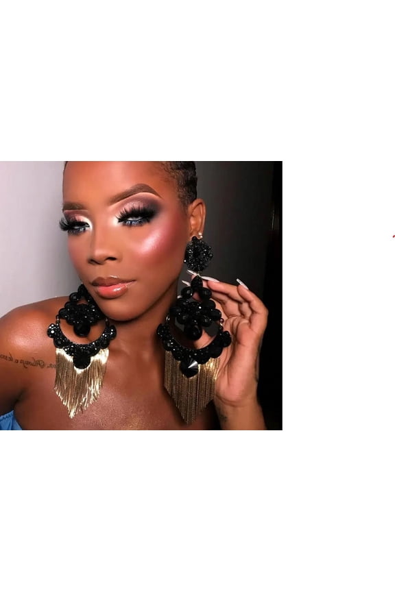 Rhinestone Maxi Large Big Statement Black Earrings Exaggerated Multi-Layer Tassel Earrings