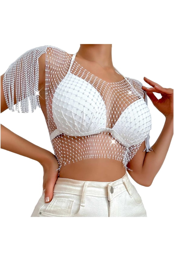 Rhinestone Mesh Body Chain See Through Crop Top Sleeveless Tassel Tank Top Bikini Cover Up for Beach Rave Party Festival