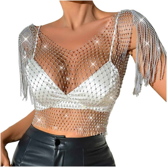Rhinestone Mesh Body Chains for Women Sexy See Through Fishnet Hollow Tassels Crop Top Swimwear Bikini Party Clubwear