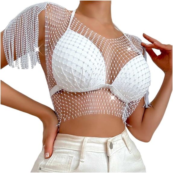 Rhinestone Mesh Body Chains for Women Sexy See Through Fishnet Hollow Tassels Crop Top Swimwear Bikini Party Clubwear