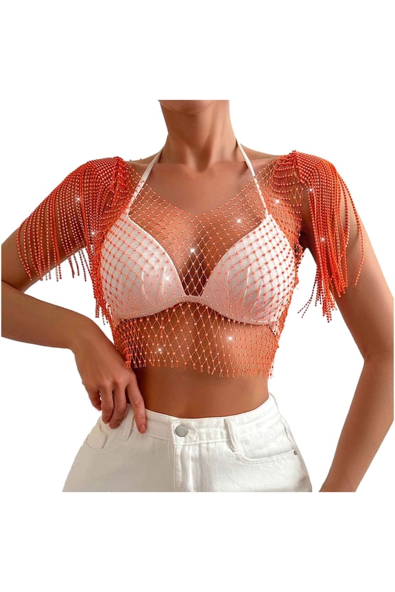 Rhinestone Mesh Body Chains for Women Sexy See Through Fishnet Hollow Tassels Crop Top Swimwear Bikini Party Clubwear