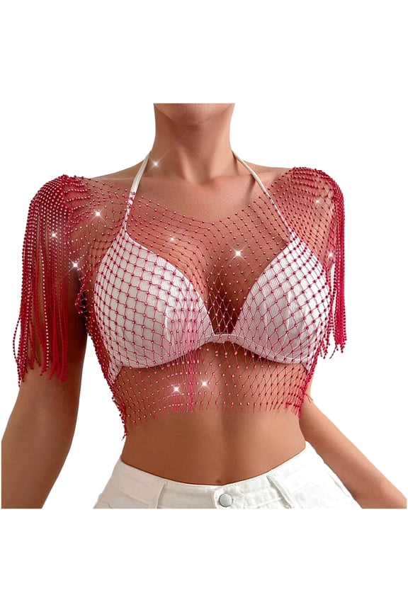 Rhinestone Mesh Body Chains for Women Sexy See Through Fishnet Hollow Tassels Crop Top Swimwear Bikini Party Clubwear