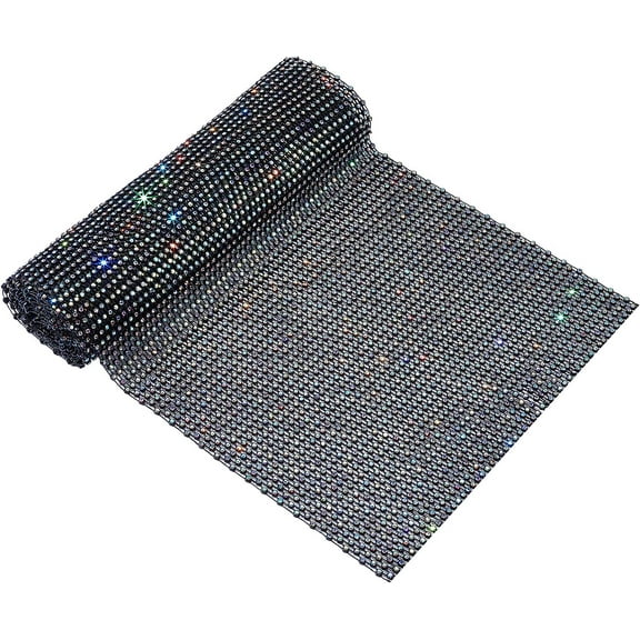 Rhinestone Mesh Fabric (Black 8.5x36 Inch) Stretchable Hollow Mesh Fabric with Shiny AB Crystal Rhinestones Cuttable Fishnet Fabric for Netting Clothes Backpack Pocket Trunk Lining DIY