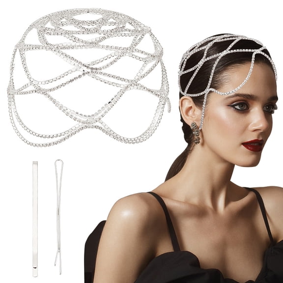 Rhinestone Mesh Headpiece Cap Vintage Rhinestone 1920s Flapper Headpiece Accessories for Women Women's Hairband Head Chain Hairband for Wedding Mardi