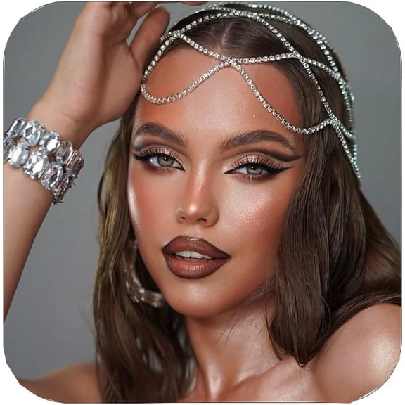 Rhinestone Mesh Headpiece Silver Roaring 20s Crystal Flapper Head Chain Bridal Party Hair Accessories