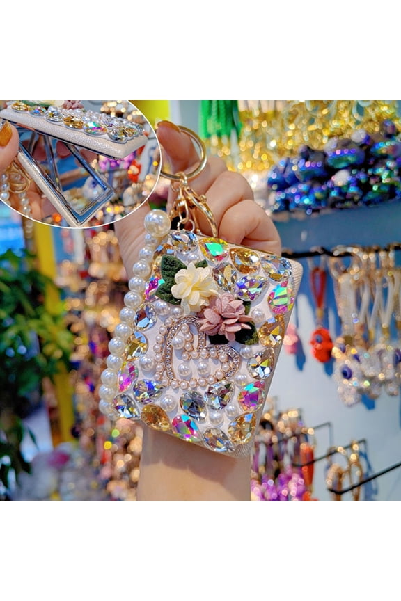 Rhinestone Mirror Keychain Bling Folding Makeup Mirror Keyring Pendant Beaded Wristlet Bag Charm for Car Keys Purse Handbag Backpack Accessories