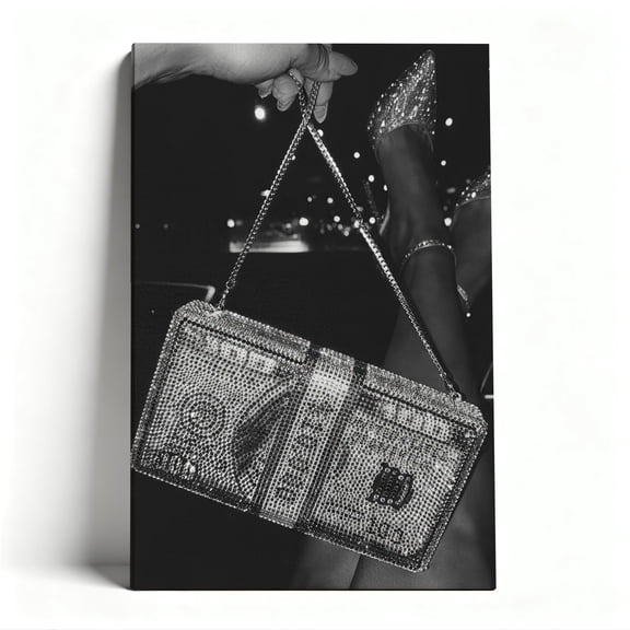 Rhinestone Money Bag & Heels Canvas Wall Art, Glam Luxury Fashion Decor, Black And White Fashion Artwork For Living Room, Ready To Hang