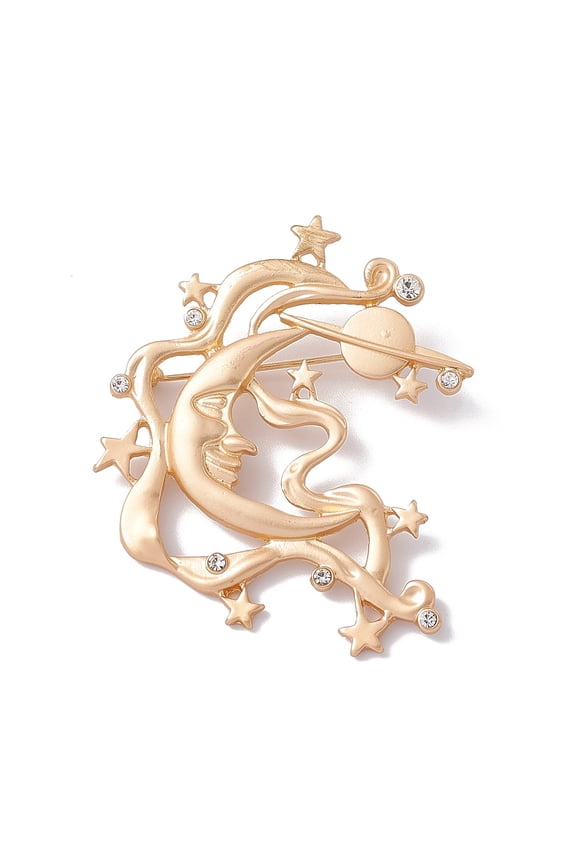 Rhinestone Moon Star Lapel Pin Alloy Badge for Backpack Clothes Matte golden color 57x48x3.5mm