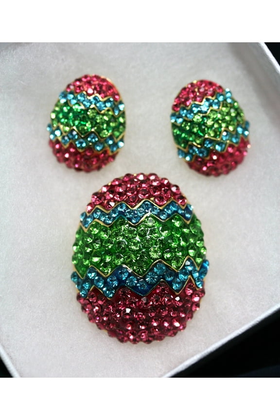 Rhinestone Multi-Colors Easter Egg Brooch Pin and Post Earrings Set, Easter Holiday Costume Jewelry