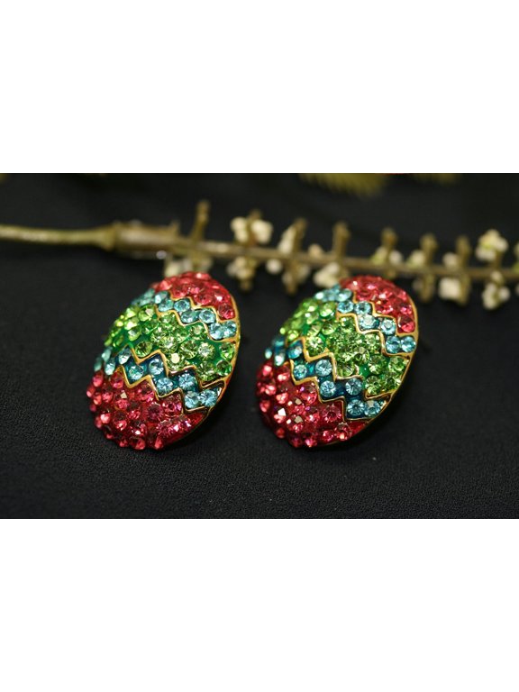 Rhinestone Multi-Colors Easter Egg Brooch Pin and Post Earrings Set, Easter Holiday Costume Jewelry