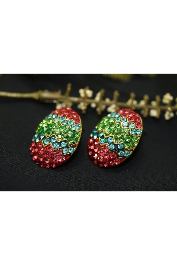 Rhinestone Multi-Colors Easter Egg Brooch Pin and Post Earrings Set, Easter Holiday Costume Jewelry