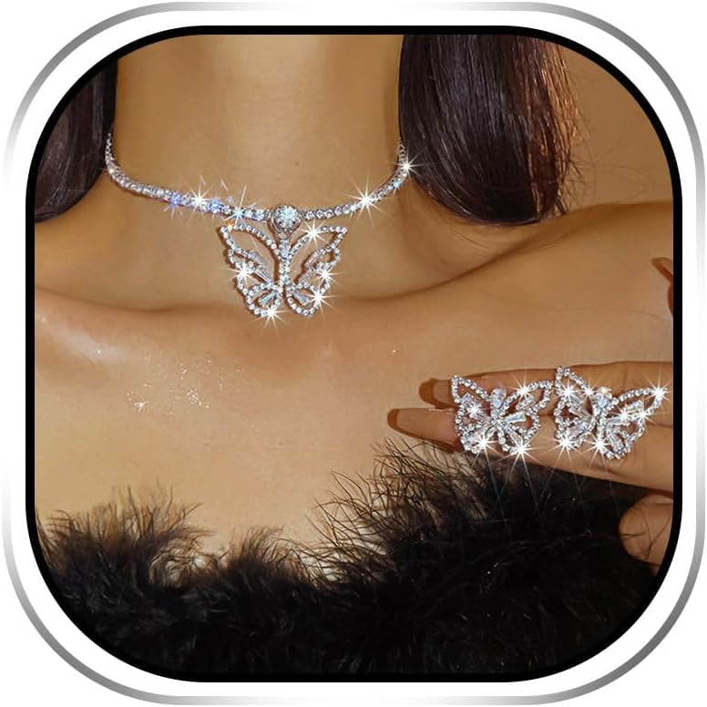 JEAIRTS Chunky Diamond Choker Necklace - Silver Sparkly Rhinestone Collar For Women, Adjustable Chain