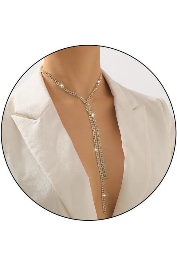Rhinestone Necklace for Women Gold Silver Prom Necklace Bling Crystal Tennis Chain Long Y Necklace Bib Tassel Statement Necklaces for Bride Bridesmaid Wedding Jewelry 2024