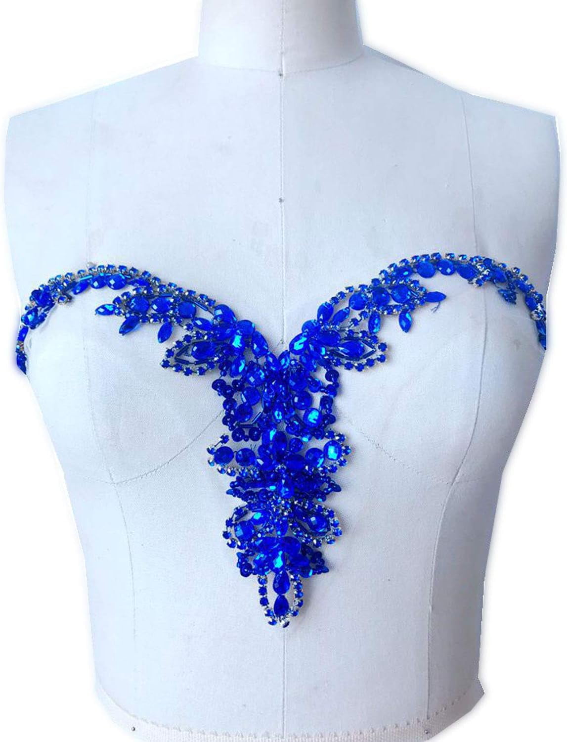 Rhinestone Neckline Trims Beaded Sequined Bodice Appliques Stitch Addition Fringe for Wedding Dress Evening Gown Sapphire Color