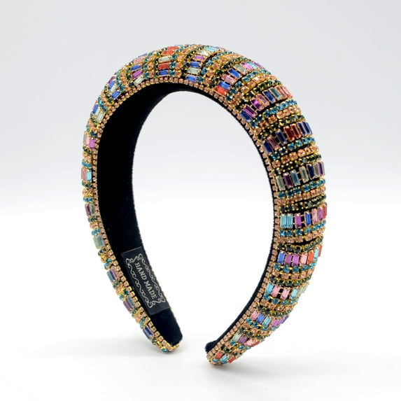 Rhinestone Padded Headband for Women Bejewelled Velvet Headband Wide Rainbow Crystal Hair Band Fashion Hair Accessory for Anniversary Party Bridal