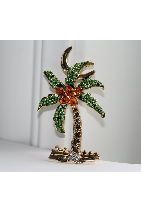 Rhinestone Palm Tree Pave Brooch Pin Tropical Beach Palm Tree Pin Brooch Lime Green Brown Rhinestone Jewelry