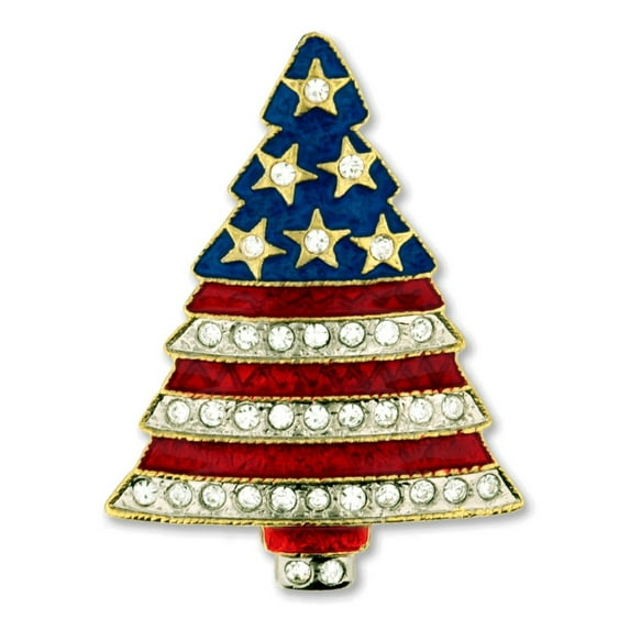 Rhinestone Patriotic Christmas Tree Holiday Brooch Pin