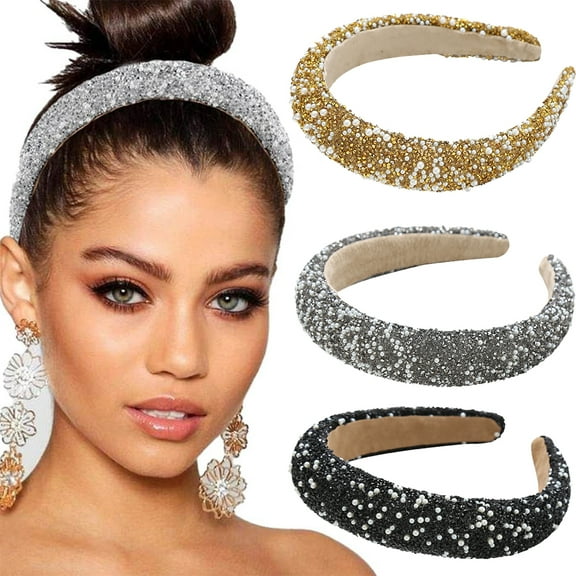 Rhinestone Pearl Headband Padded Wide Hairband Bling Crystal Headhoop Glitter Silver Head Bands for Women and Girls