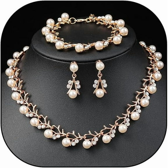 Rhinestone Pearl Wedding Jewelry Set for Bride Bridesmaid Bohemia Adjustable Beaded Crystal Bracelet Necklace Exaggerated Pearl Earring Set for Women