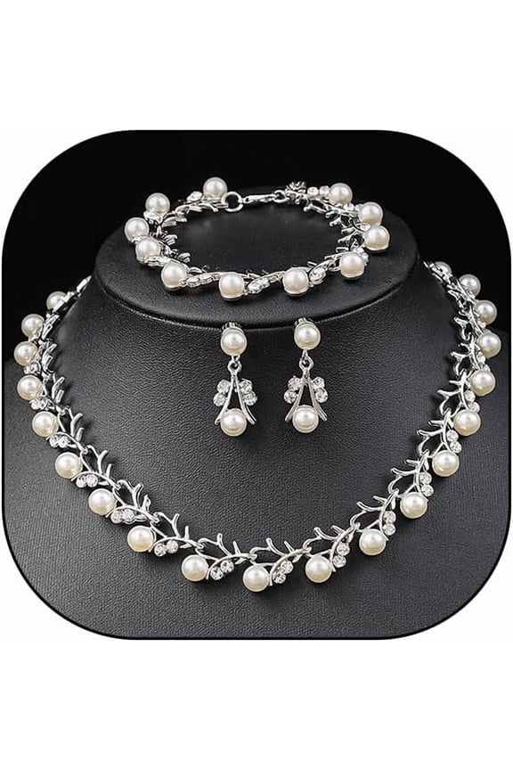 Rhinestone Pearl Wedding Jewelry Set for Bride Bridesmaid Bohemia Adjustable Beaded Crystal Bracelet Necklace Exaggerated Pearl Earring Set for Women