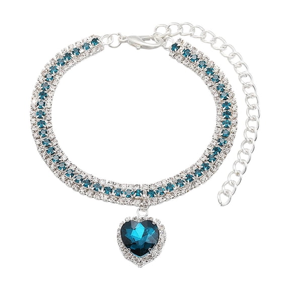 Rhinestone Pet Collar, Sparkling 3 Rows Crystal Diamond Collars, Adjustable, Puppy Bling Necklace Pendant Jewelry for Small Pets Blue
