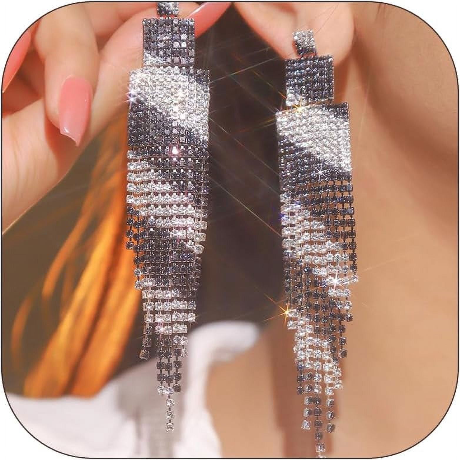 formal dress earrings Rhinestone Prom for Women Long Tassel Chandelier Earrings Dangling Silver Jewelry for Prom Wedding Reception Party Evening Dress Accessories Gift for Her[l8068] STORE: CM-BAR-PLY