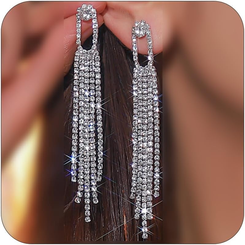 formal dress earrings Rhinestone Prom for Women Long Tassel Chandelier Earrings Dangling Silver Jewelry for Prom Wedding Reception Party Evening Dress Accessories Gift for Her[q5983] best earrings for high neck dress
