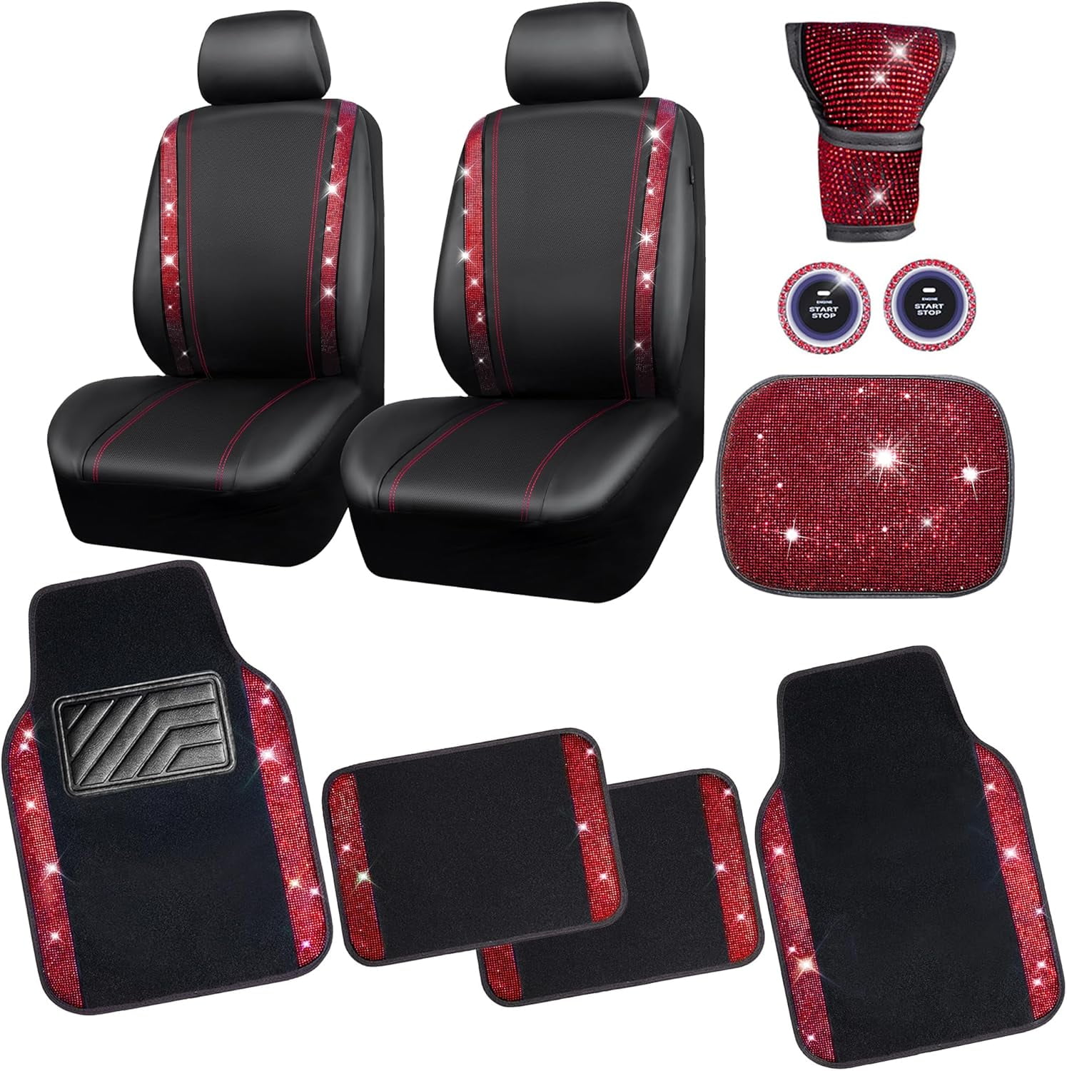 Rhinestone Red Bling Diamond Car Seat Covers Leather Black & Shining Car Floor mats Carpet with Anti-Slip Nibs& Bling Diamond Car Accessories Sets Glitter Sparkly Universal fit for 95% car