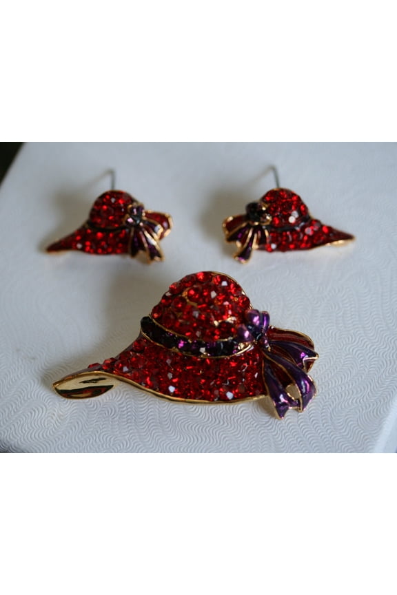 Rhinestone Red Hat Club Lapel Pin, Red Hat Club Post Earrings Fashion Crystal Red hat Brooch and Earrings Set