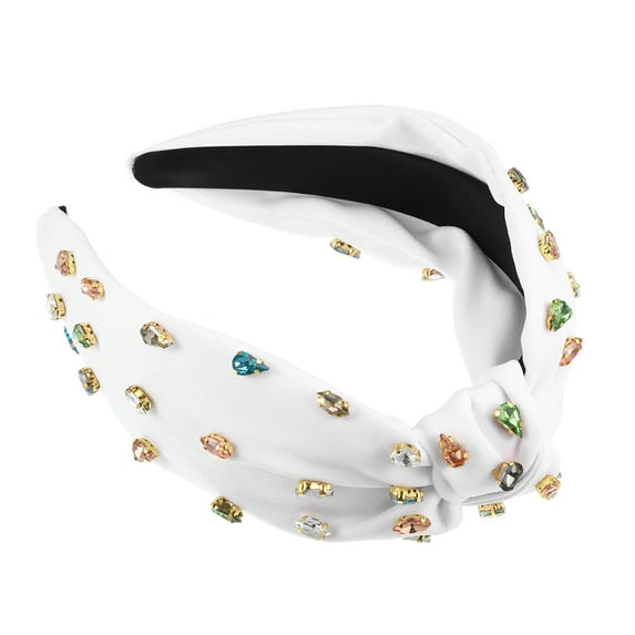 Rhinestone Retro Knotted Headband White 5.24"x1.22" Non-slip Wide Headband for Girl Women
