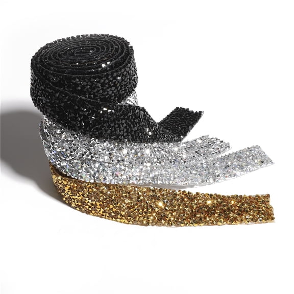 Rhinestone Ribbon Strap – Hot Melt Adhesive DIY Diamond Trim for Clothing & Craft Accessories, Gold, Black & AB Color Crystal Embellishments for Costume Decoration(RL 3 PCS)