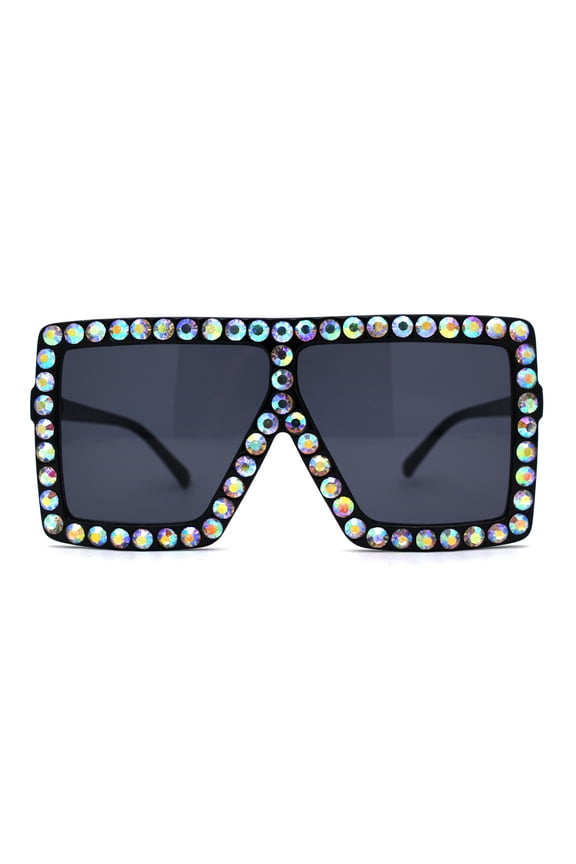 Rhinestone Rock and Roll Bling Oversize Flat Top Plastic Sunglasses All Black